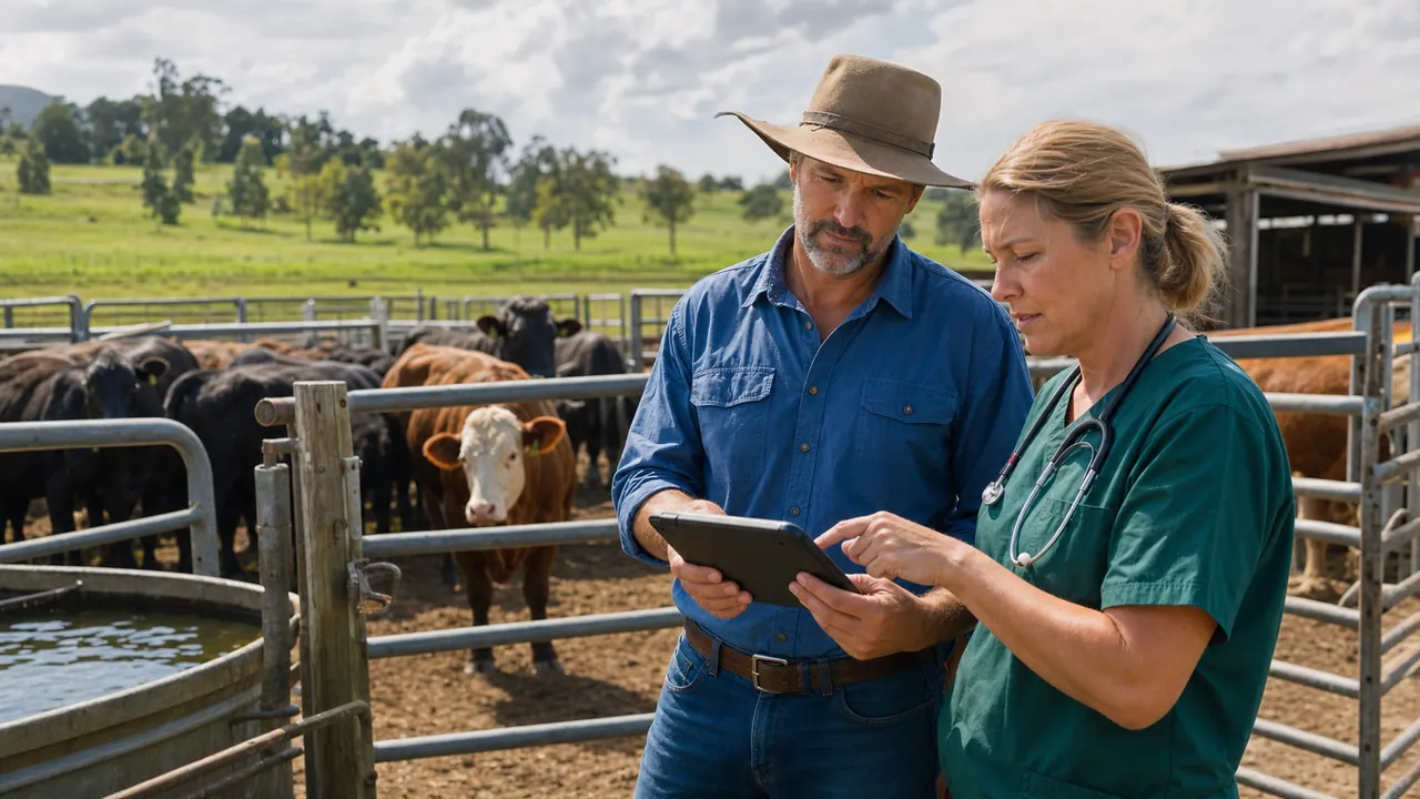 Encargado de campo y veterinaria revisando registros en una tablet junto a un corral de ganado