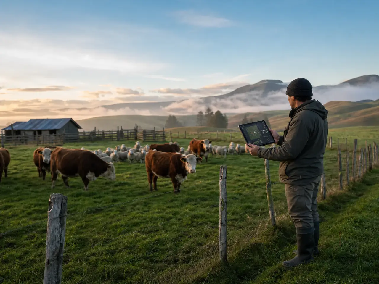 Encargado de campo consultando en una tablet el sistema de gestión predial junto a su ganado