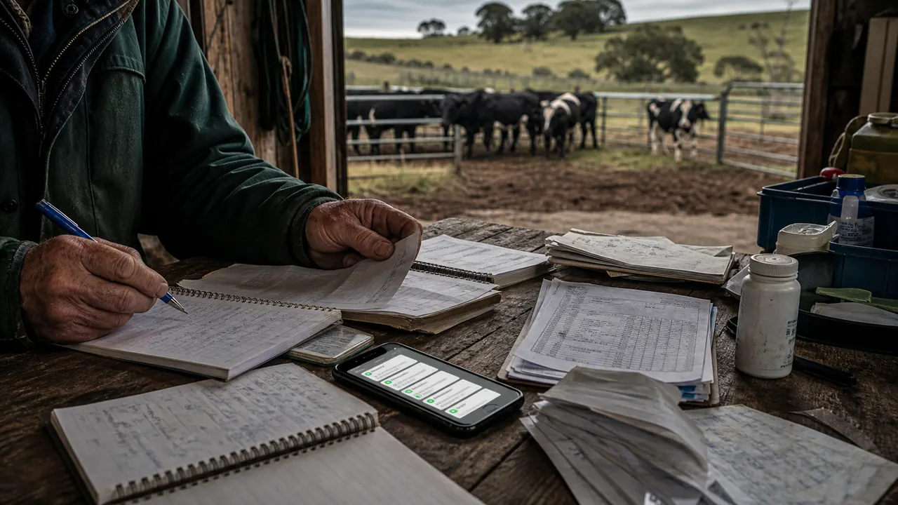 Registros, libretas, documentos y medicamentos dispersos en una mesa de trabajo junto al ganado