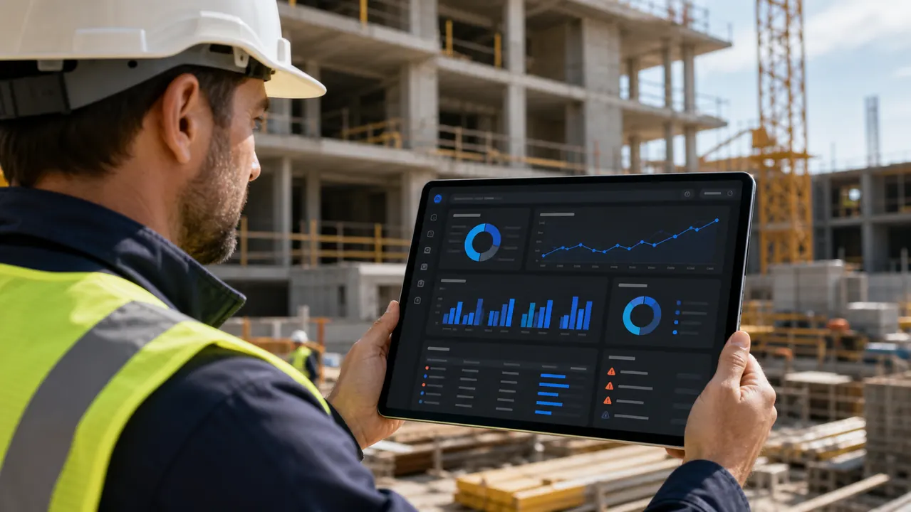 Supervisor de obra revisando en una tablet un dashboard de avance, costos, compras e inventario