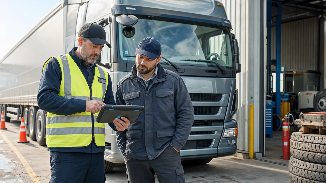 Supervisor y conductor revisando en una tablet la inspección y el mantenimiento de un camión