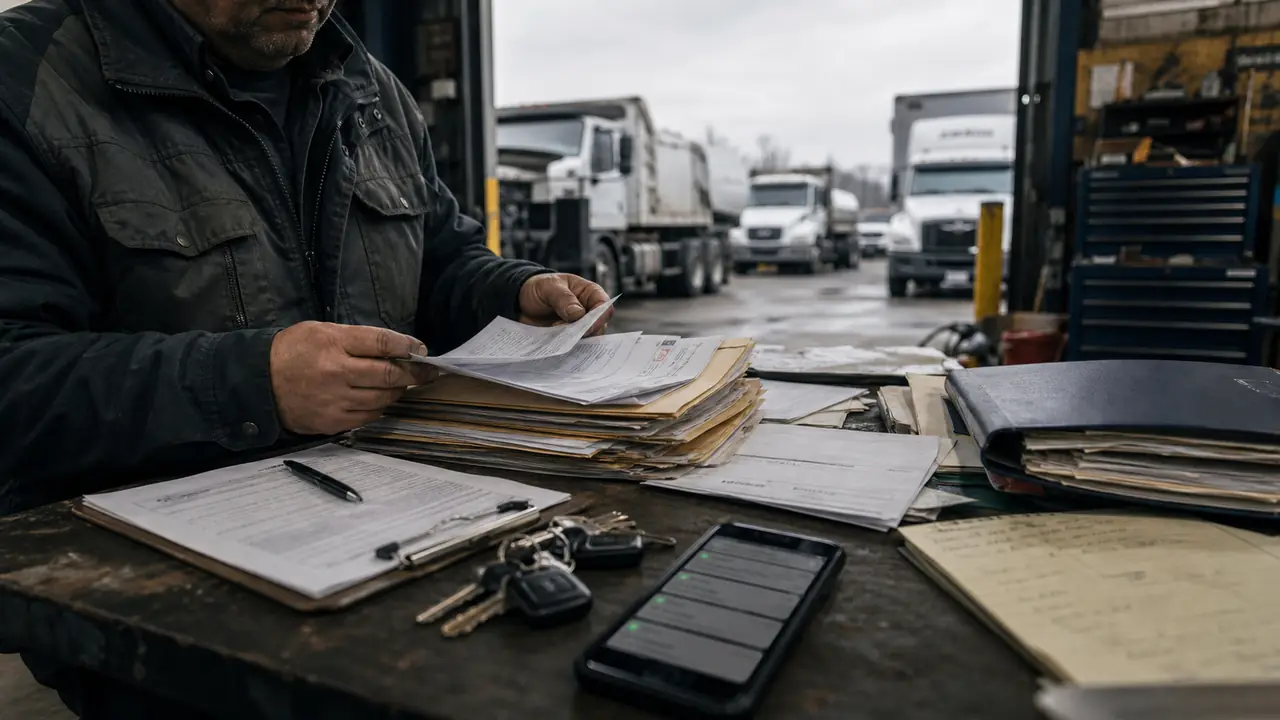 Supervisor revisando documentos, llaves e inspecciones de camiones en un taller