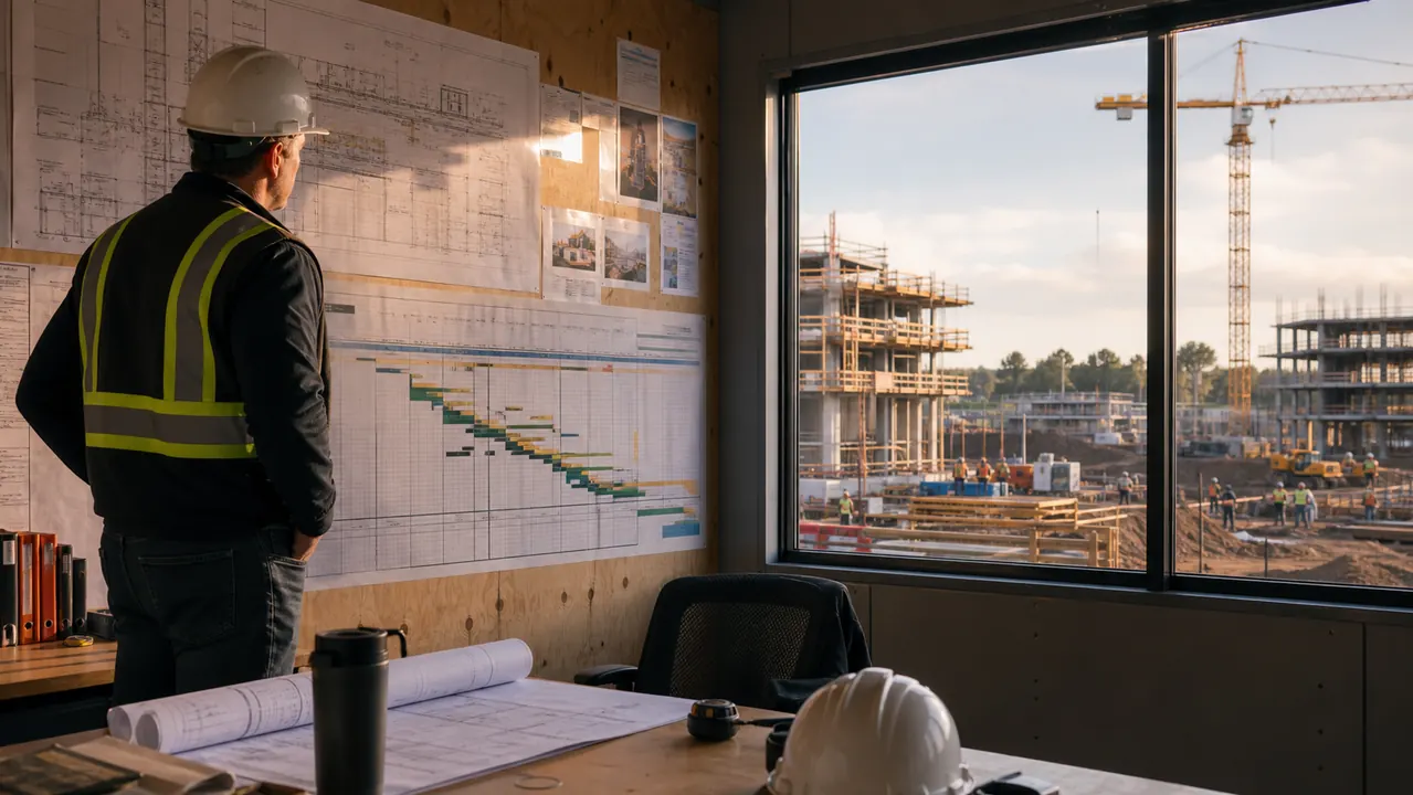Jefe de operaciones revisando planos y la planificación de varias obras desde una oficina de terreno