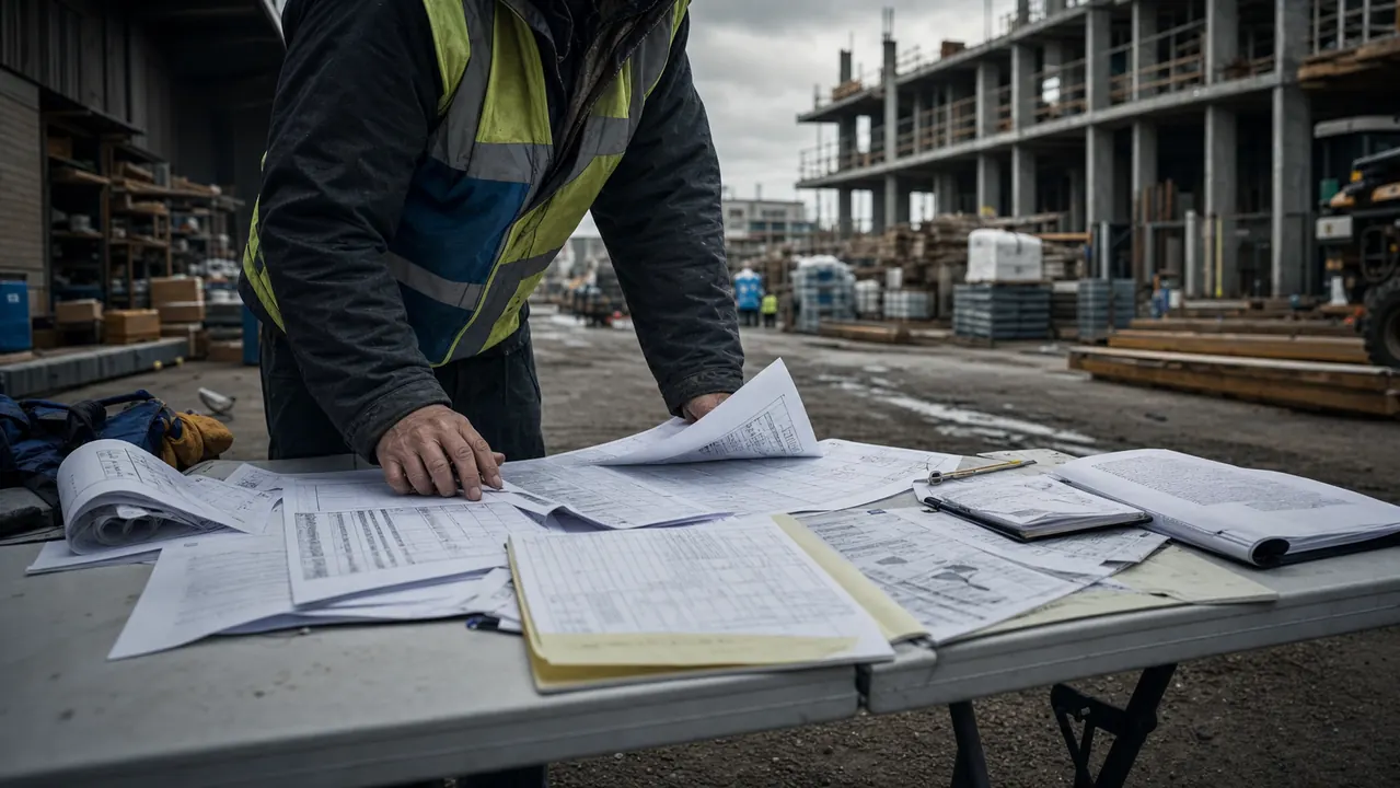 Supervisor revisando planos, planillas y documentos en una mesa dentro de una obra en construcción
