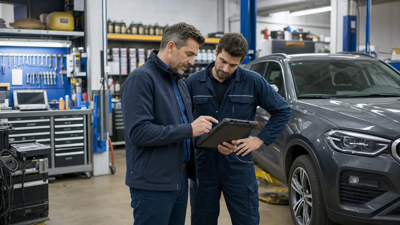 Jefe de taller y técnico revisando en una tablet la orden de trabajo y el control de calidad de un vehículo