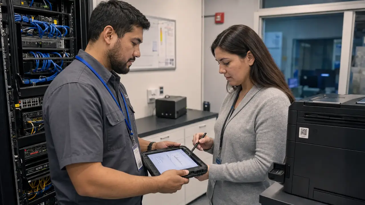 Técnico chileno y cliente documentando en una tablet la atención y cierre de un ticket junto a un equipo de red