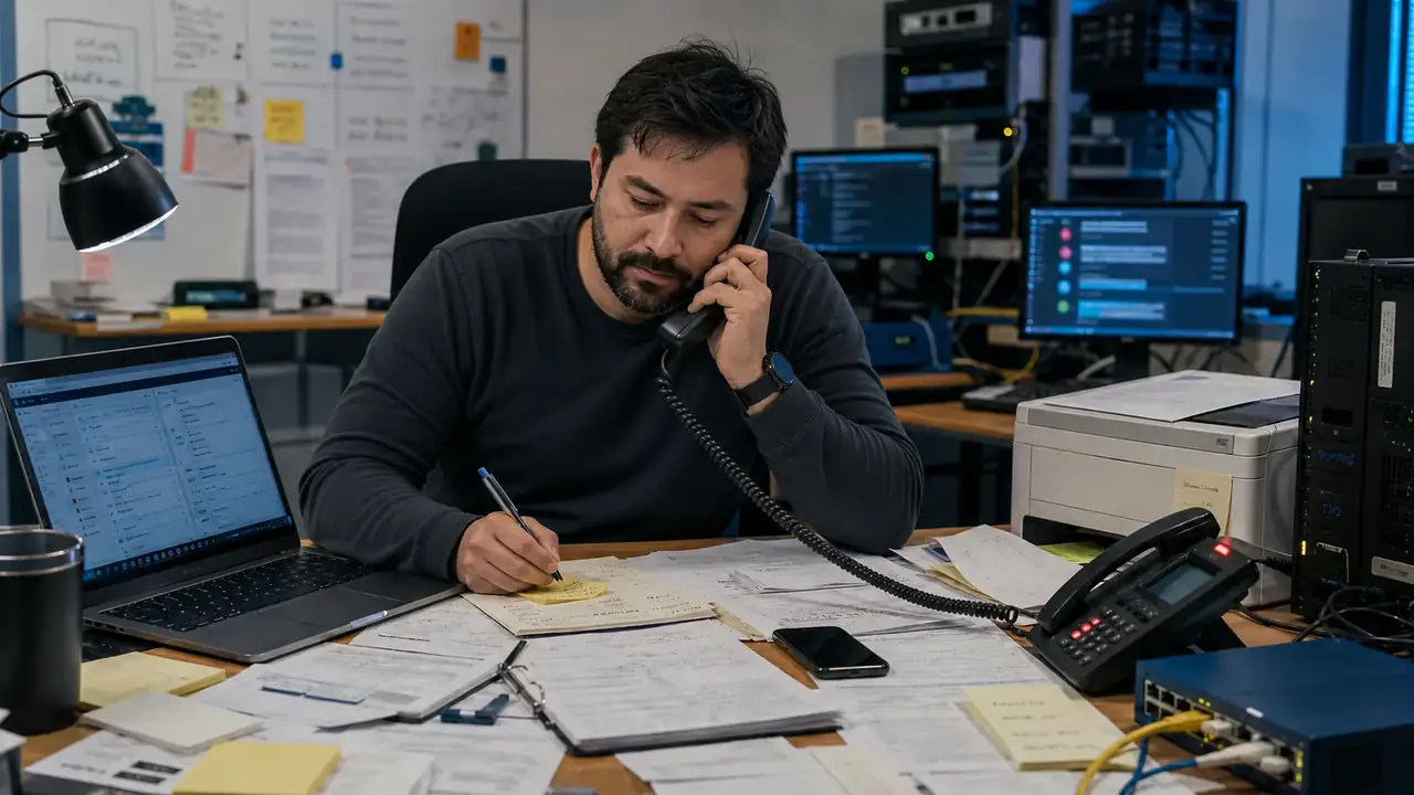Coordinador chileno de soporte atendiendo llamadas mientras organiza correos, notas y solicitudes técnicas