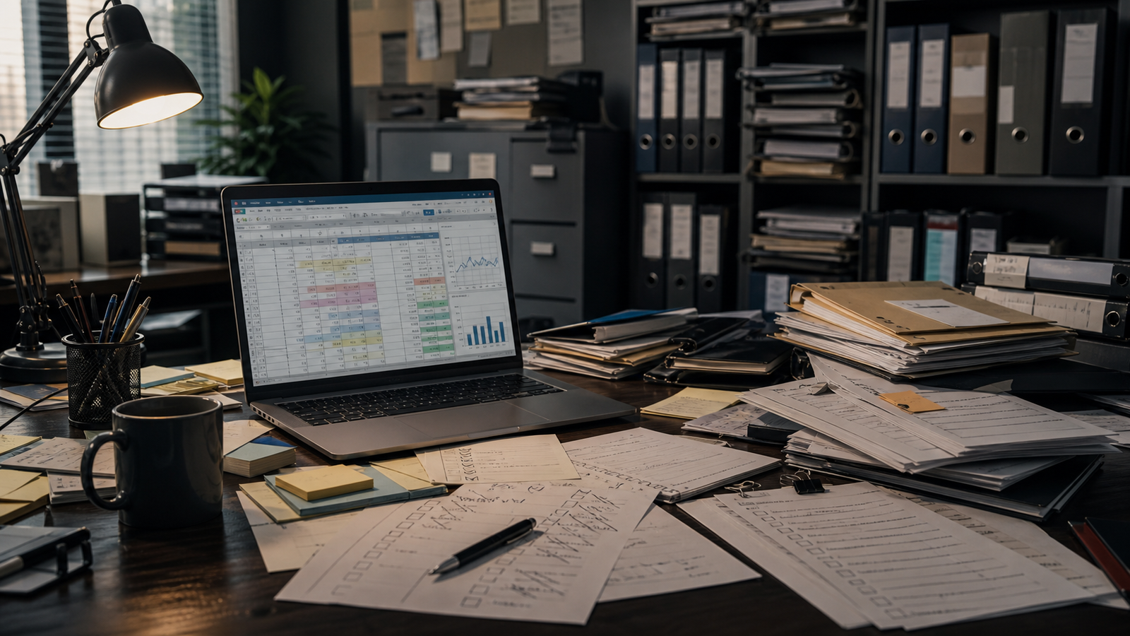 Computador con una planilla y documentos de checklist desordenados sobre un escritorio