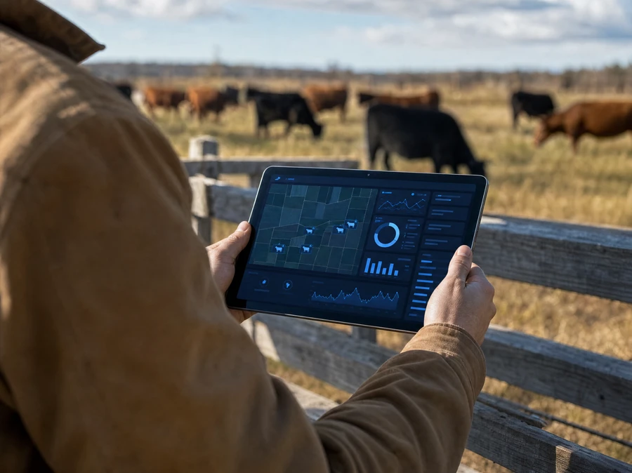 Persona en el campo revisando el estado del ganado en una tablet con el software Campo de SETUP