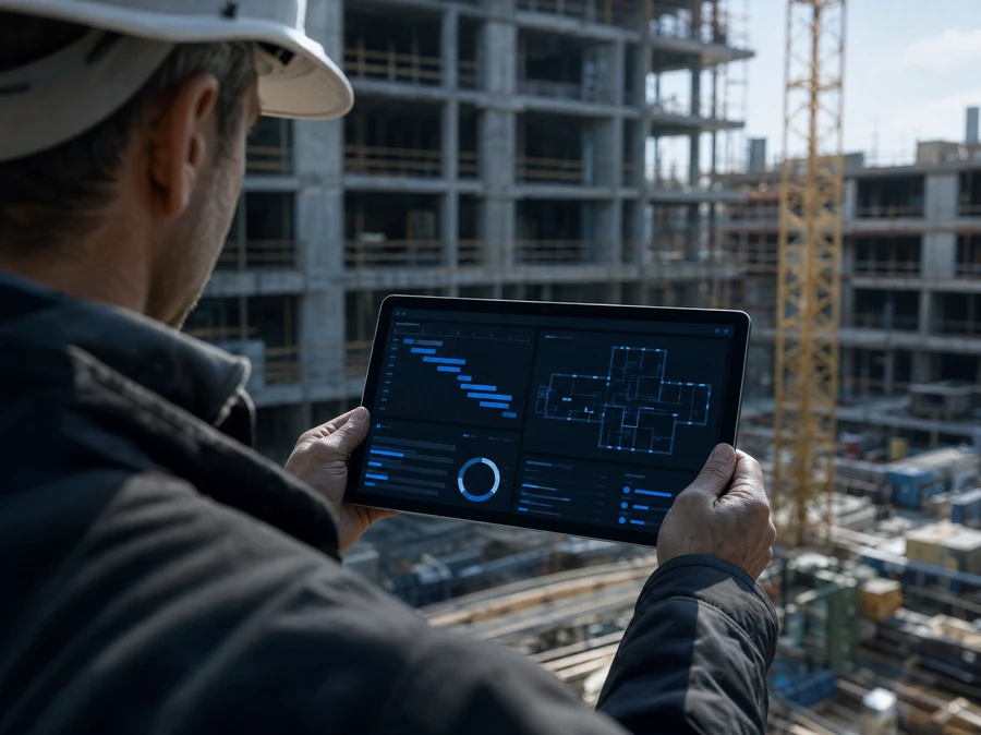 Capataz de obra revisando el avance de la construcción en una tablet con el software de SETUP