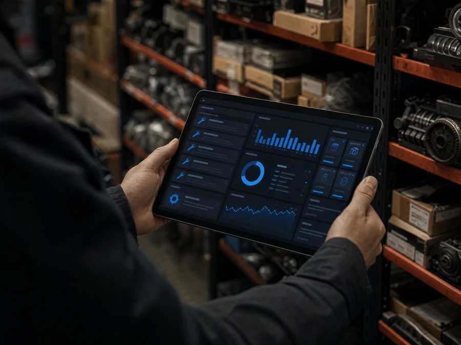 Mecánico revisando stock de repuestos en una bodega automotriz con TallerPro en una tablet