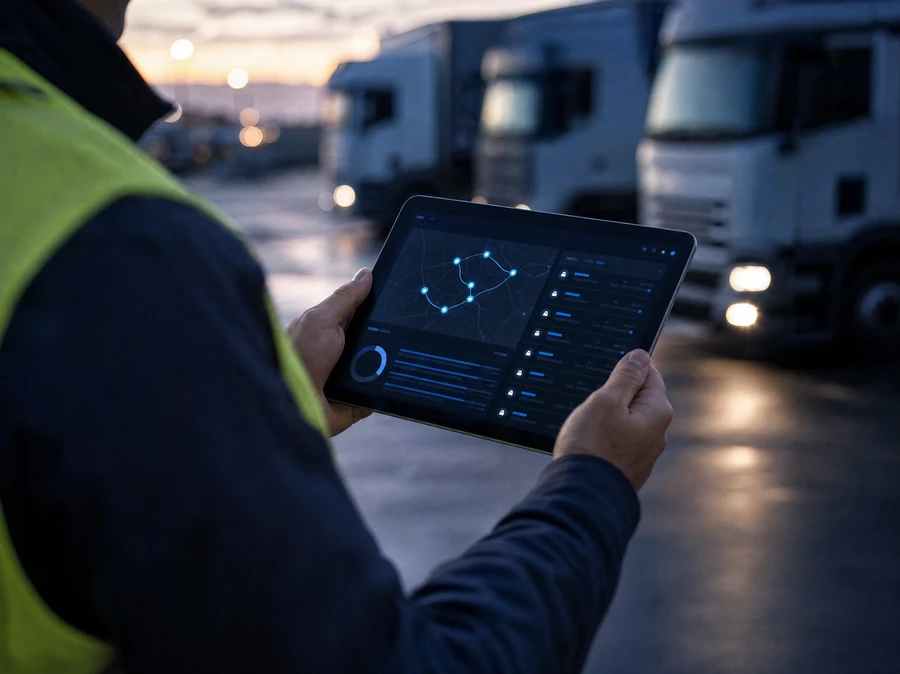 Coordinador de logística revisando rutas de flota en una tablet con el software de SETUP