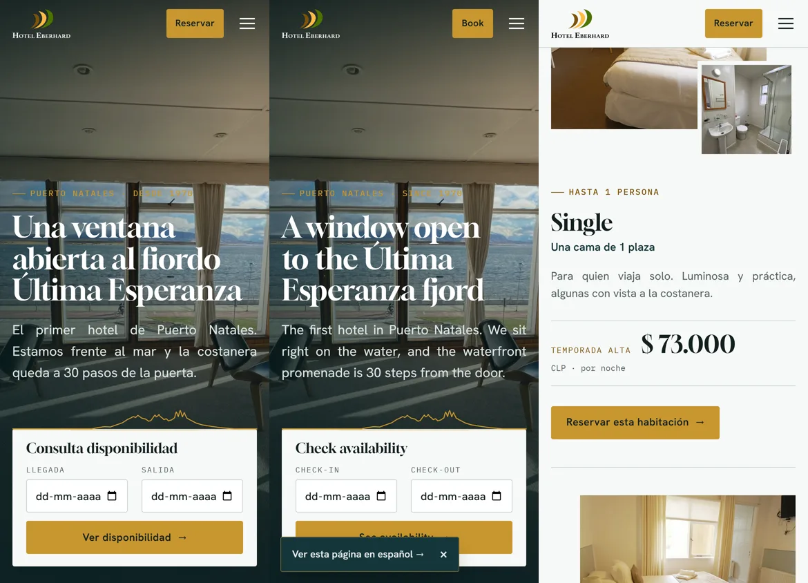 Tres vistas móviles del sitio del Hotel Eberhard: portada en español, portada en inglés y detalle de una habitación con precio y botón de reserva