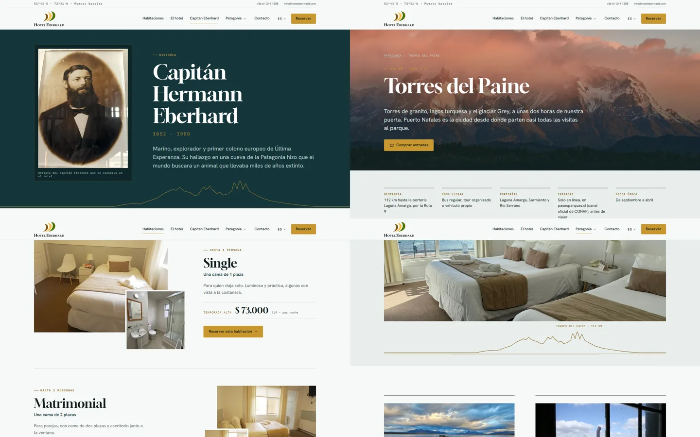 Páginas internas del sitio del Hotel Eberhard: historia del capitán Eberhard, guía de Torres del Paine, habitaciones con precios y guía de la Patagonia